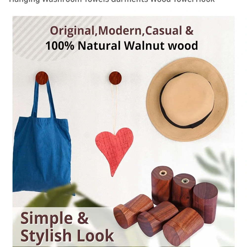 6 Walnut Wooden Wall Hooks - New in Box